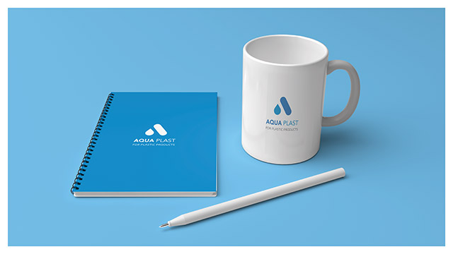 aqua plast logo branding elements business cards pens block note mug production
