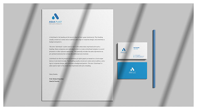 aqua plast logo branding elements business cards pens production
