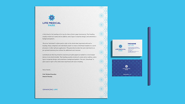 life medical park hospital logo stationary business cards envelop 